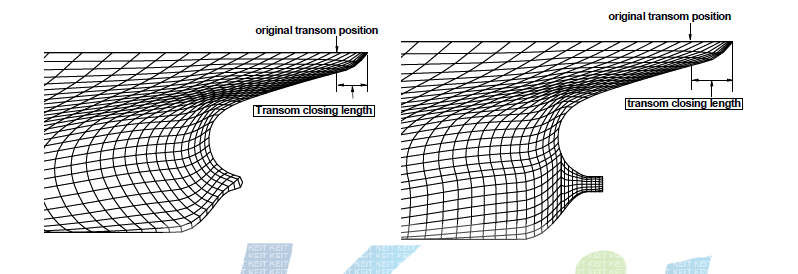 Surface meshes around stern bulb with elongated transom stern