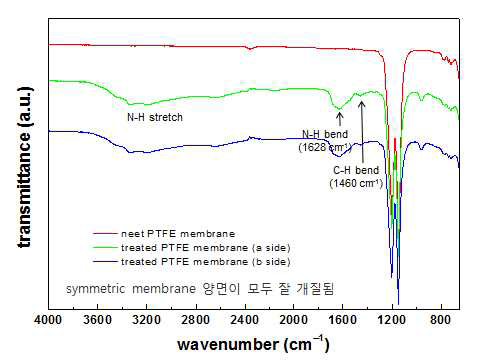 UV/hydrazine으로 처리한 PTFE 분리막 표면의 ATR-FT-IR spectra