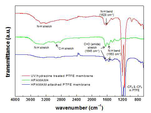 FT-IR 분석을 통한 고차가지구조 폴리아미도아민(hyperbranched poly(amidoamine))의 PTFE 표면 도입 정성적 확인