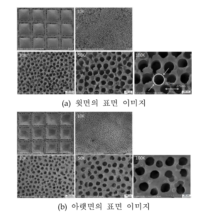 이단계법으로 0.1M 옥살산에서 140V를 인가하여 양극산화한 Al composite 시편의 표면 이미지