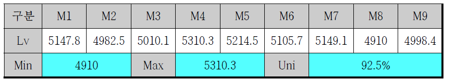 9Point 휘도 균일도 측정 결과