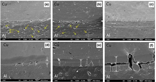 굽힘된 Cu/Al/Cu 접합소재의 윗부분의 Cu층과 Al층의 저배율 사진