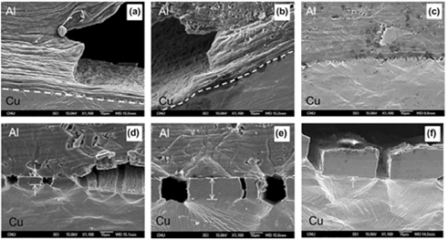 굽힘된 Cu/Al/Cu 접합소재의 아랫부분의 Cu층과 Al층의 저배율 사진