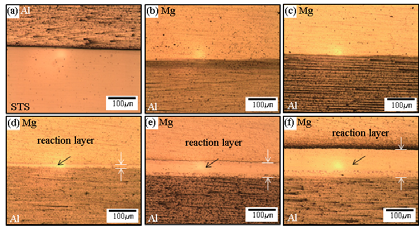 400℃ 1시간 열처리한 Mg/Al/Steel 3층 접합소재의 Al/STS 계면(a)와 각각의 조건에서 열처리된 Mg/Al계면의 광학현미경 사진압연된 (b)초기시편, (c)200℃ 1시간, (d)300℃ 1시간, (e)400℃ 1시간, (f)400℃ 3시간