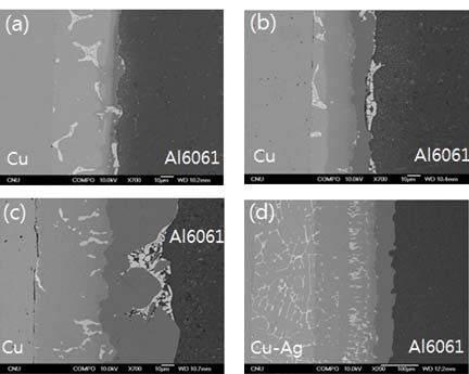 확산접합법으로 접합한 Cu / Cu-Ag / Al 하이브리드 접합합금의 접합계면 (a) 530℃ 1hr, (b) 530℃ 3h, (c) 530℃ 12h, (d) 530℃ 120h 접합