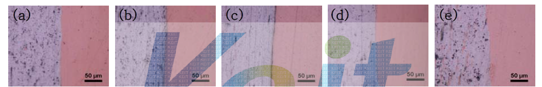 시효처리(180℃, 3h)한 Cu-1Cr / Al합금 / Cu-1Cr 하이브리드 합금의 접합계면 (a) IH1 / Cu-1Cr 접합계면, (b) FH1 / Cu-1Cr 접합계면, (c) IH2 / Cu-1Cr 접합계면, (d) FH2 / Cu-1Cr 접합계면, (e) IH3 / Cu-1Cr 접합계면