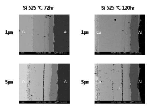Si재료가 barrier로 1, 5㎛ 삽입된 Cu/Zr/Si, Cu/Ti/Al, Cu/Si/Al을 525℃에서 72, 120시간동안 확산접합한 하이브리드 합금의 계면