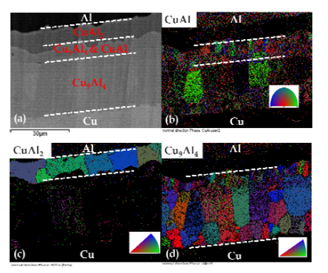 500℃ 3시간 열처리된 Cu/Al/Cu 접합소재 계면의 EBSD 사진