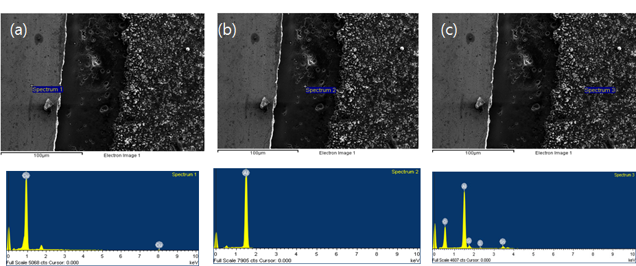 48시간 염수침지실험을 진행한 Cu/Al/Cu 하이브리드 합금의 계면 사진과 EDS 결과