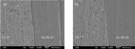 가공 후 Cu-Ni-Zn/Cu-Cr/Cu-Ni-Zn 하이브리드 접합 합금의 SEM 사진