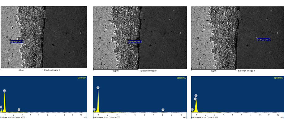 48시간 염수침지실험을 진행한 Cu-Ni-Zn/Cu-Cr/Cu-Ni-Zn 하이브리드 합금의 계면 사진과 EDS 결과