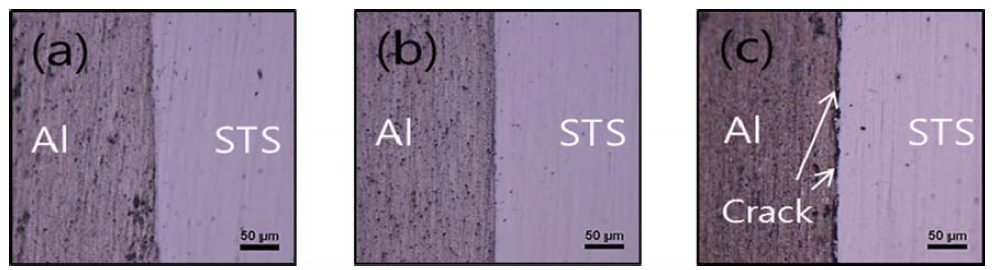 Al/STS의 금속간 계면의 광학 현미경 사진.