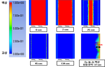 시간에 따른 Cu-Ni-Zn/Cu-Cr의 액상영역분포(873 K, 3c㎝)