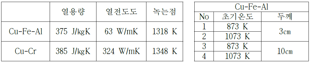 Cu-Fe-Al/Cu-Cr의 물성값과 분석 초기 조건