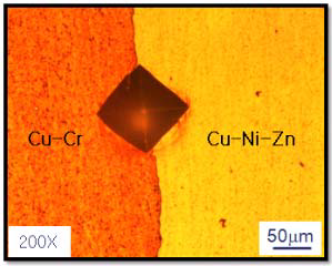 HPT 법에 의해 접합된 Cu-Ni-Zn/Cu-Cr/Cu-Ni-Zn 합금 계면의 압흔