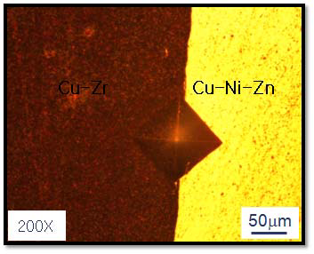 HPT 법에 의해 접합된 Cu-Ni-Zn/Cu-Zr/Cu-Ni-Zn 합금의계면의 압흔