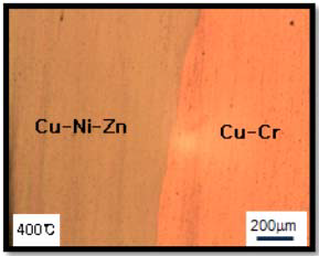 HPT 법에 의해 접합된 Cu-Ni-Zn/Cu-Cr/Cu-Ni-Zn 하이브리드 합금의 400℃ 1h 열처리 후 계면