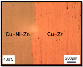 HPT 법에 의해 접합된 Cu-Ni-Zn/Cu-Zr/Cu-Ni-Zn 하이브리드 합금의 400℃ 1h 열처리 후 계면