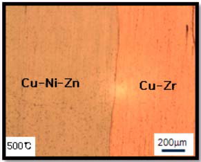 HPT 법에 의해 접합된 Cu-Ni-Zn/Cu-Zr/Cu-Ni-Zn 하이브리드 합금의 500℃ 1h 열처리 후 계면