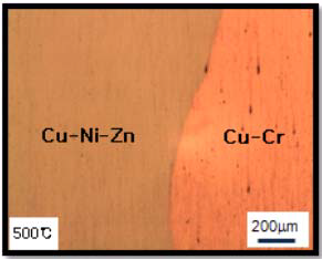 HPT 법에 의해 접합된 Cu-Ni-Zn/Cu-Cr/Cu-Ni-Zn 하이브리드 합금의 500℃ 1h 열처리 후 계면