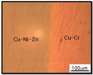 800℃ 3h 열처리하여 확산 접합된 Cu-Ni-Zn/Cu-Cr/Cu-Ni-Zn 하이브리드 합금의 계면