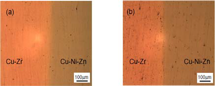 확산접합법으로 접합한 Cu-Ni-Zn/Cu-Zr/Cu-Ni-Zn 하이브리드 접합 합금의 계면 및 열가공공정 후 계면 (a) 925℃ 1h 접합 및 용체화 처리 (b) 용체화 처리 후 500℃ 4h 열가공공정