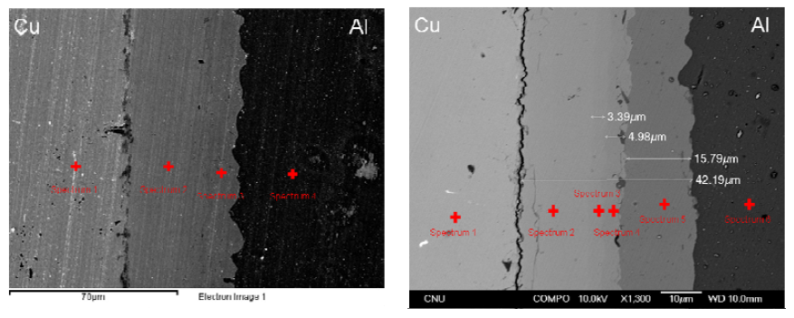 확산접합법을 이용하여 540℃ 3h 및 540℃ 5h 접합한 Cu/Al 하이브리드 합금의 접합 계면의 SEM 이미지