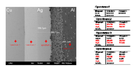 확산접합법(560℃에서 24시간)으로 접합한 Cu/Ag/Al의 접합계면 SEM 이미지 및 EDS 분석