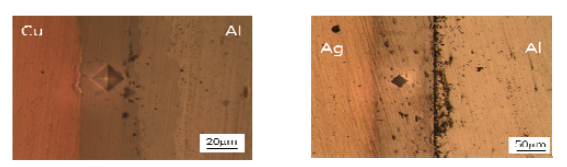 확산접합법을 이용하여 530℃ 3h 접합한 Cu/Al 및 Cu/Ag/Al 하이브리드 접합 합금의 접합 계면에서의 압흔 사진