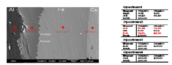 확산접합법(540℃에서 3시간)으로 접합한 Cu/Fe/Al의 접합계면 SEM 이미지 및 EDS 분석