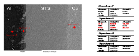 확산접합법(540℃에서 3시간)으로 접합한 Cu/STS/Al의 접합계면 SEM 이미지 및 EDS 분석