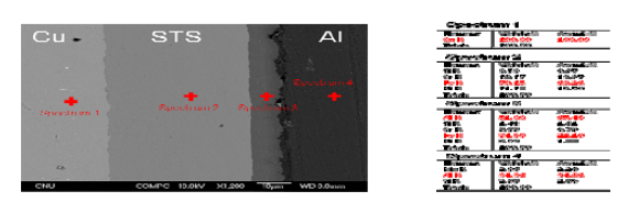 확산접합법(540℃에서 10시간)으로 접합한 Cu/STS/Al의 접합계면 SEM 이미지 및 EDS 분석.