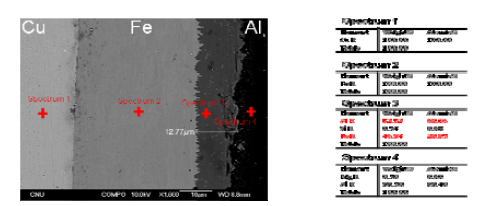 확산접합법(540℃에서 10시간)으로 접합한 Cu/Fe/Al의 접합계면 SEM 이미지 및 EDS 분석.