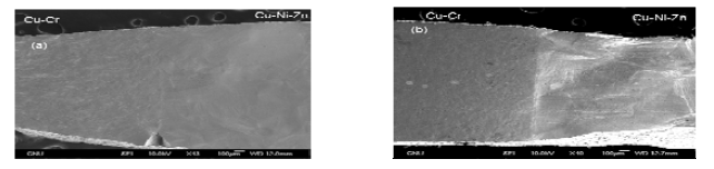 확산접합법으로 접합한 Cu-Ni-Zn/Cu-Cr 하이브리드 접합 합금의 파단면 (a) 및 열가공공정 후(b) 인장 시험 후 시편의 표면 미세구조