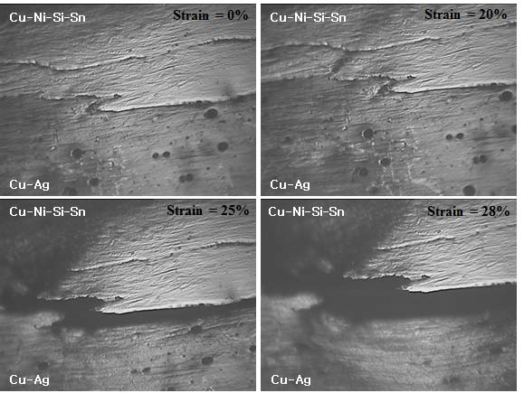 실체현미경으로 관찰한 HPT법으로 접합된 Cu-Ni-Si-Sn/Cu-Ag/Cu-Ni-Si-Sn 하이브리드 합금의 파괴거동