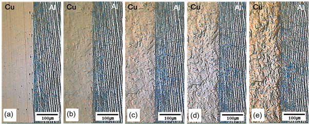 인장시험 시 300℃에서 3시간 열처리된 시편의 Cu/Al 접합계면의 모습