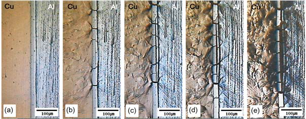 인장시험 시 500℃에서 3시간 열처리한 시편의 Cu/Al 접합계면의 모습