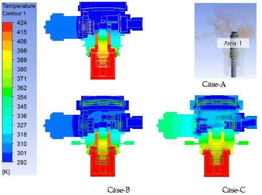 Case-A, B, C에 대한 Area1에서의 정상상태 온도 해석 결과
