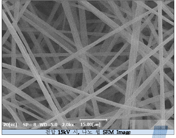 전압 15kV 일 때, 나노 웹 SEM Image (x2000, 농도 10wt%, TCD 15cm )