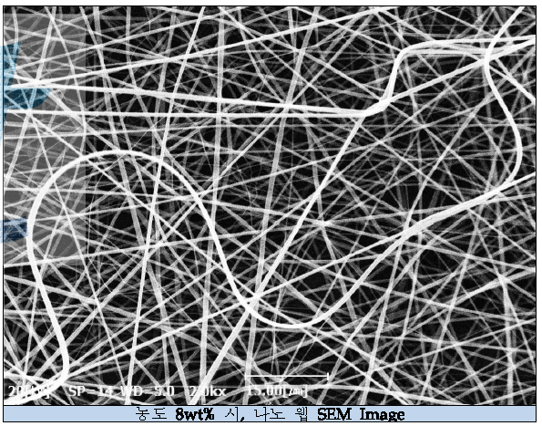 농도 8wt% 일 때, 나노 웹 SEM Image (x2000, 전압 25kV, TCD 15cm )