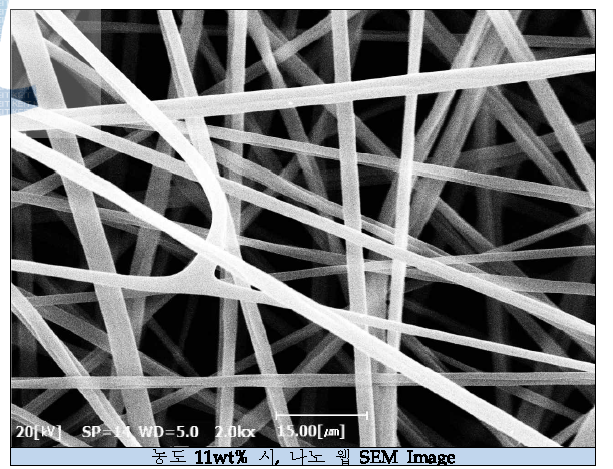 농도 11wt% 일 때, 나노 웹 SEM Image (x2000, 전압 25kV, TCD 15cm)