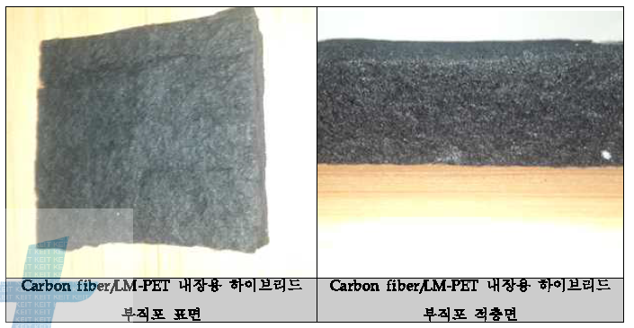 제조한 Carbon fiber/LM-PET 내장용 하이브리드 부직포 샘플