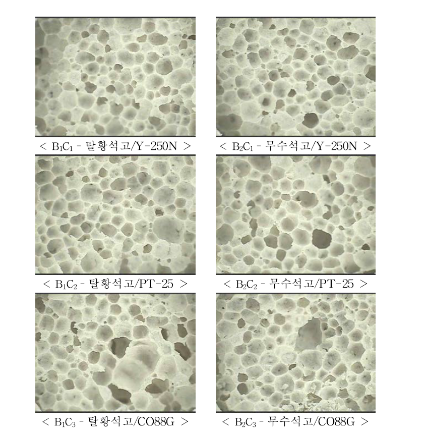 석고 및 기포제 종류별 기공 사진