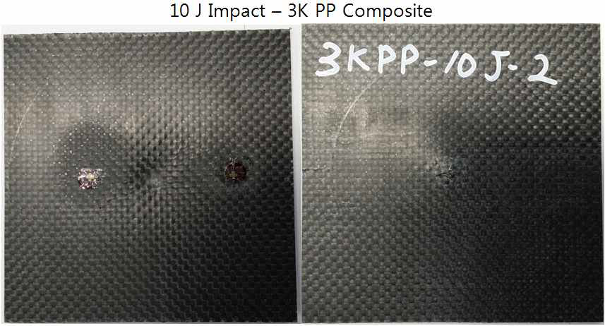 파손 모드 관찰 ; 3K PP Composite – 10 J 충격 front/rear surface