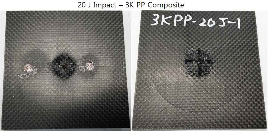 파손 모드 관찰 ; 3K PP Composite – 20 J 충격 front/rear surface