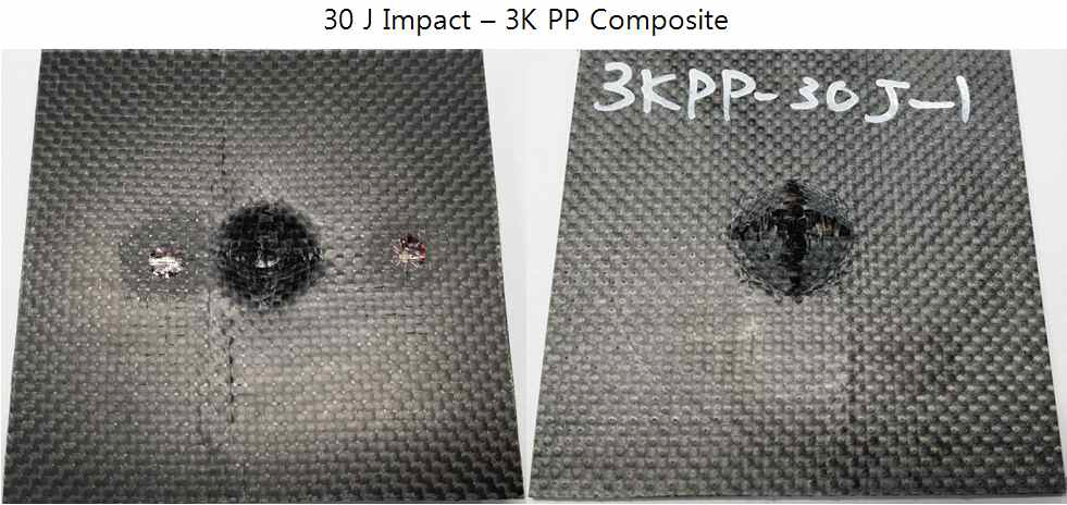 파손 모드 관찰 ; 3K PP Composite – 30 J 충격 front/rear surface
