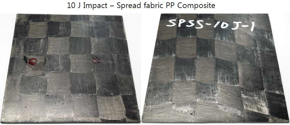 파손 모드 관찰 ; Spread fabric Composite – 10 J 충격 front/rear surface