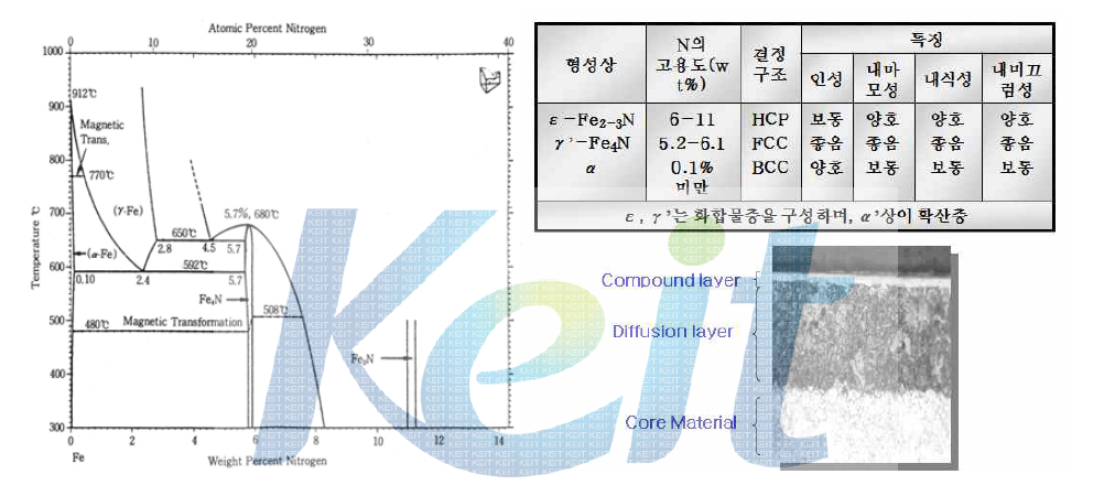 Fe-N 상태도와 질화시 형성상의 종류 및 질화조직의 단면 사진