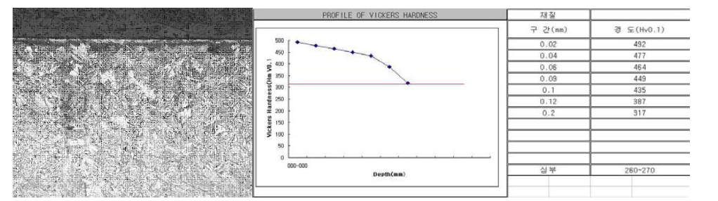 화합물층이 형성되지 않은 시편의 미세구조와 경화깊이 측정결과