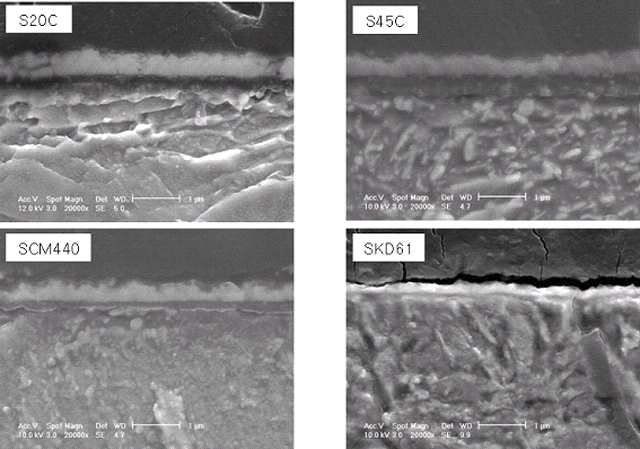 초기표면연마 #1,000번의 강종별 500℃, 30분 산화층의 단면관찰사진